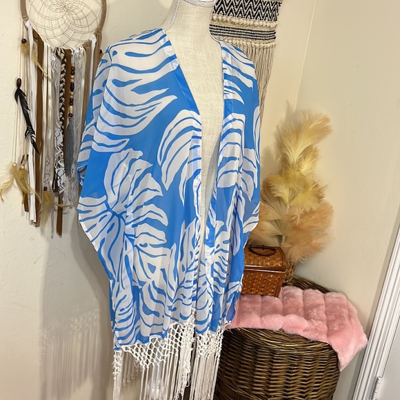 Turquoise & White Kimono/Cardigan by Club Z Collection/ Palm leaf Print/ Small - Picture 2 of 8